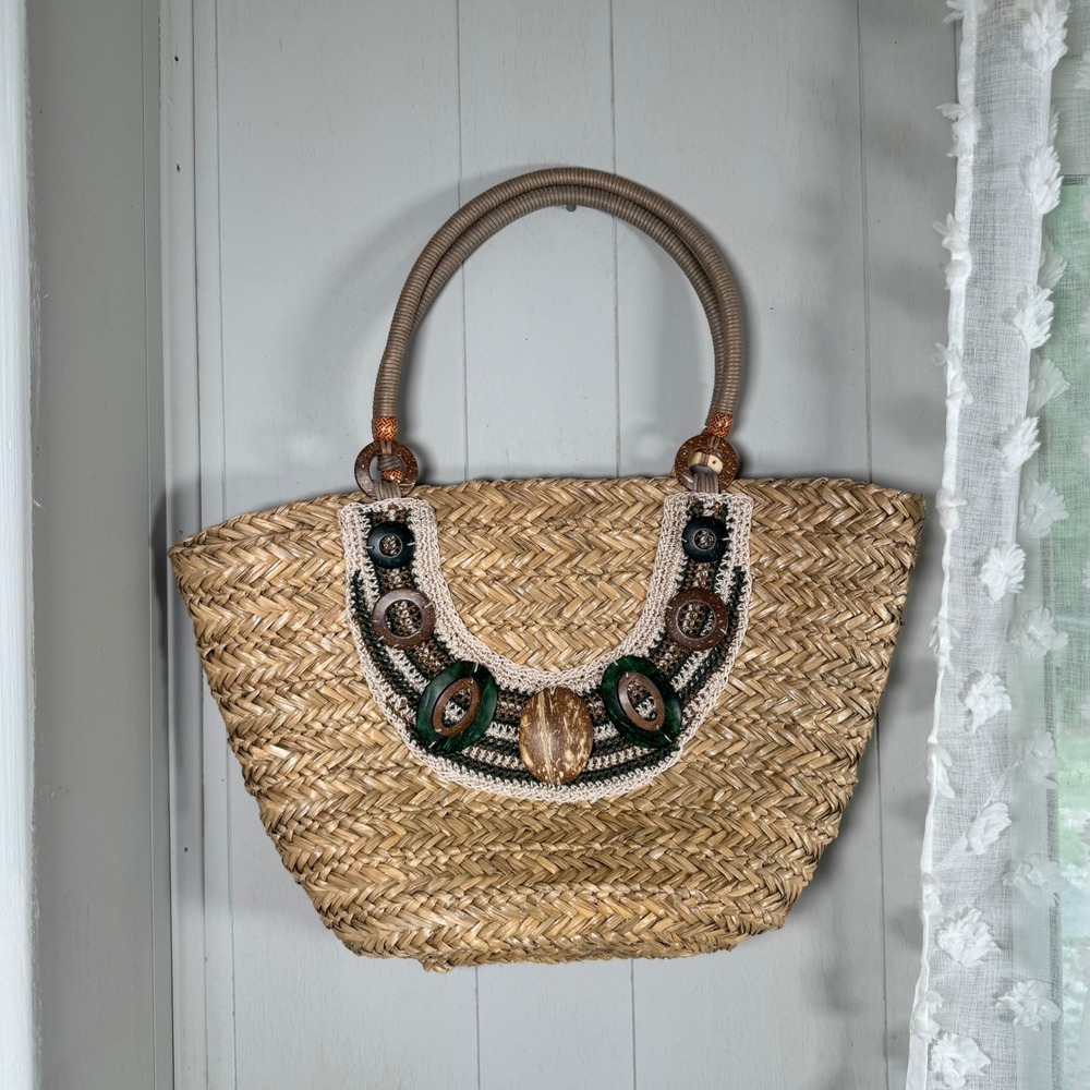 Sun N Sand Woven Chevron Straw Tote Bag Crocheted Beaded Front 2‎ Coiled Handles